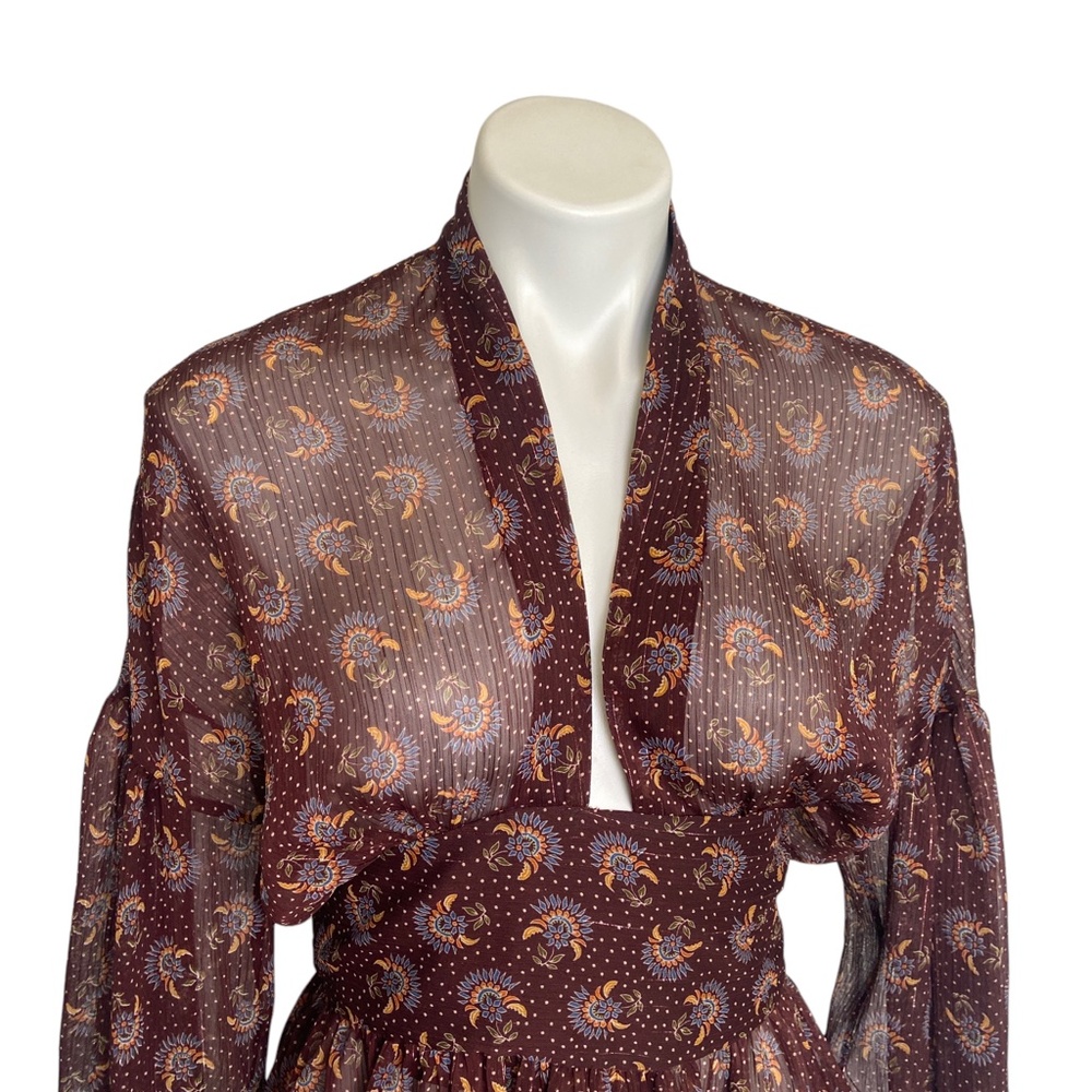 Zara | Women's Burgundy Boho Print Sheer Tie Waist Top | Size: XS - Picture 2 of 10
